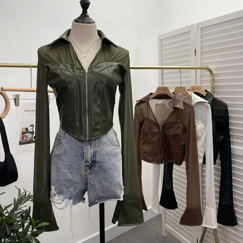 

Y2k Tops Spice Girl Zipper Pu Leather Slim Mesh Patchwork Jackets Coat for Women