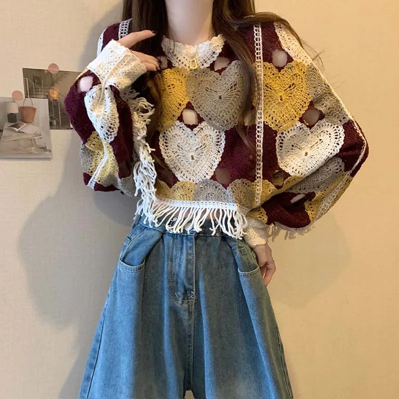 Boring Honey New Design Feels Crocheted Hollow T-Shirt Tassel Loose Sweater Top Fashion O-Neck Bat Sleeve Long Sleeve Top Women