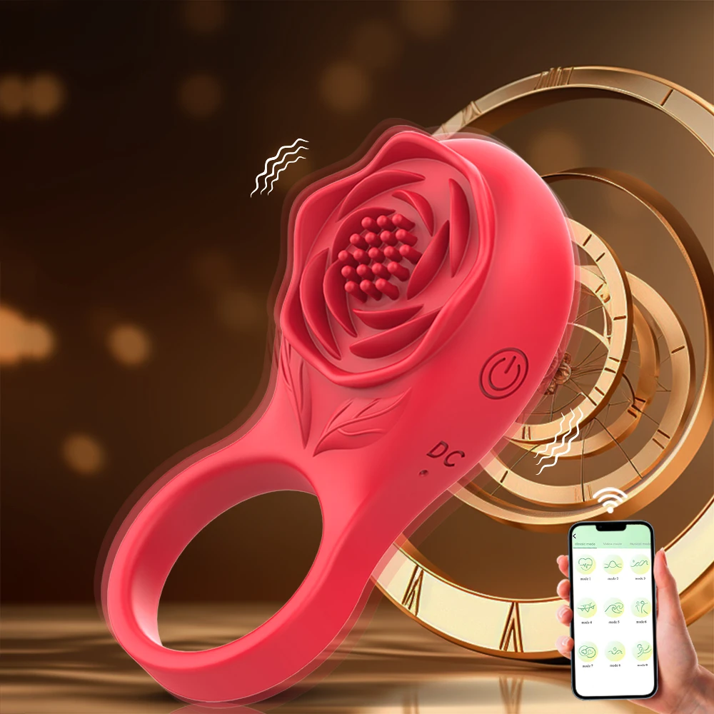 Clitoral Stimulator Vibrator Massager Sex Toy Vibrating Ring Rose Cock Ring with APP Controlled Bluetooth Wireless Penis Ring