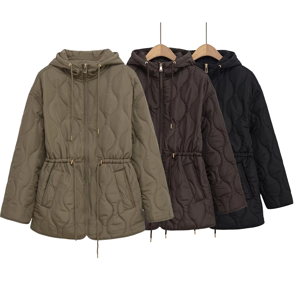 

European and American style winter new product women's stand up collar lace up hooded waist cinched quilted jacket