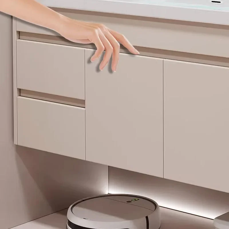 Juego de combinación de armario de baño de lujo ligero, lavabo de cerámica integrado, espejo inteligente, combinación de muebles