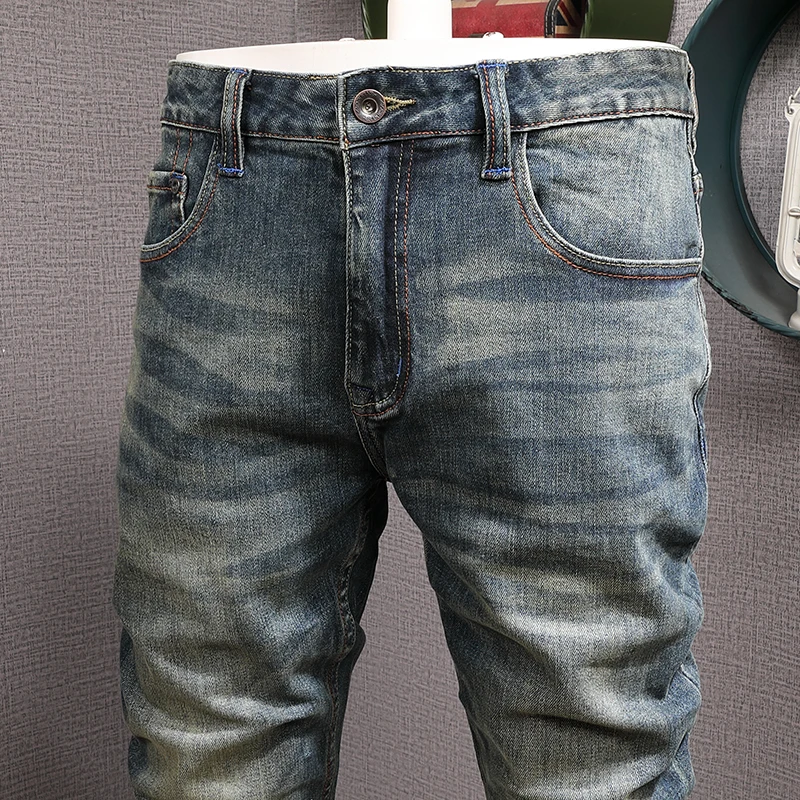 Fashion Designer Men Jeans High Quality Retro Blue Stretch Slim Fit Ripped Jeans Men Trousers Vintage Casual Denim Pants Hombre