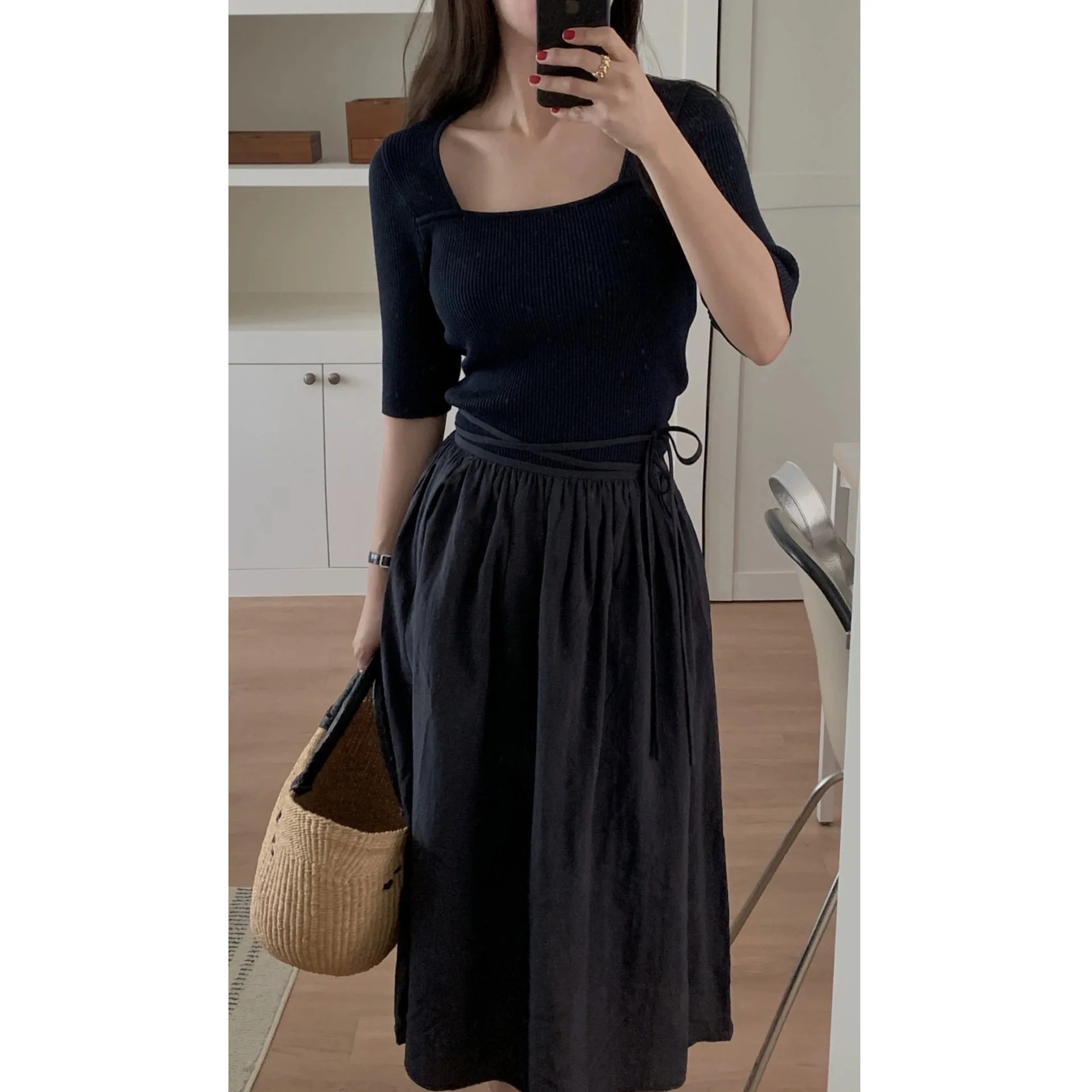 

Elegant Gd Heping Midi Skirt with Belt Korean Style Women's Standard Fit Long Skirt Summer New Arrival