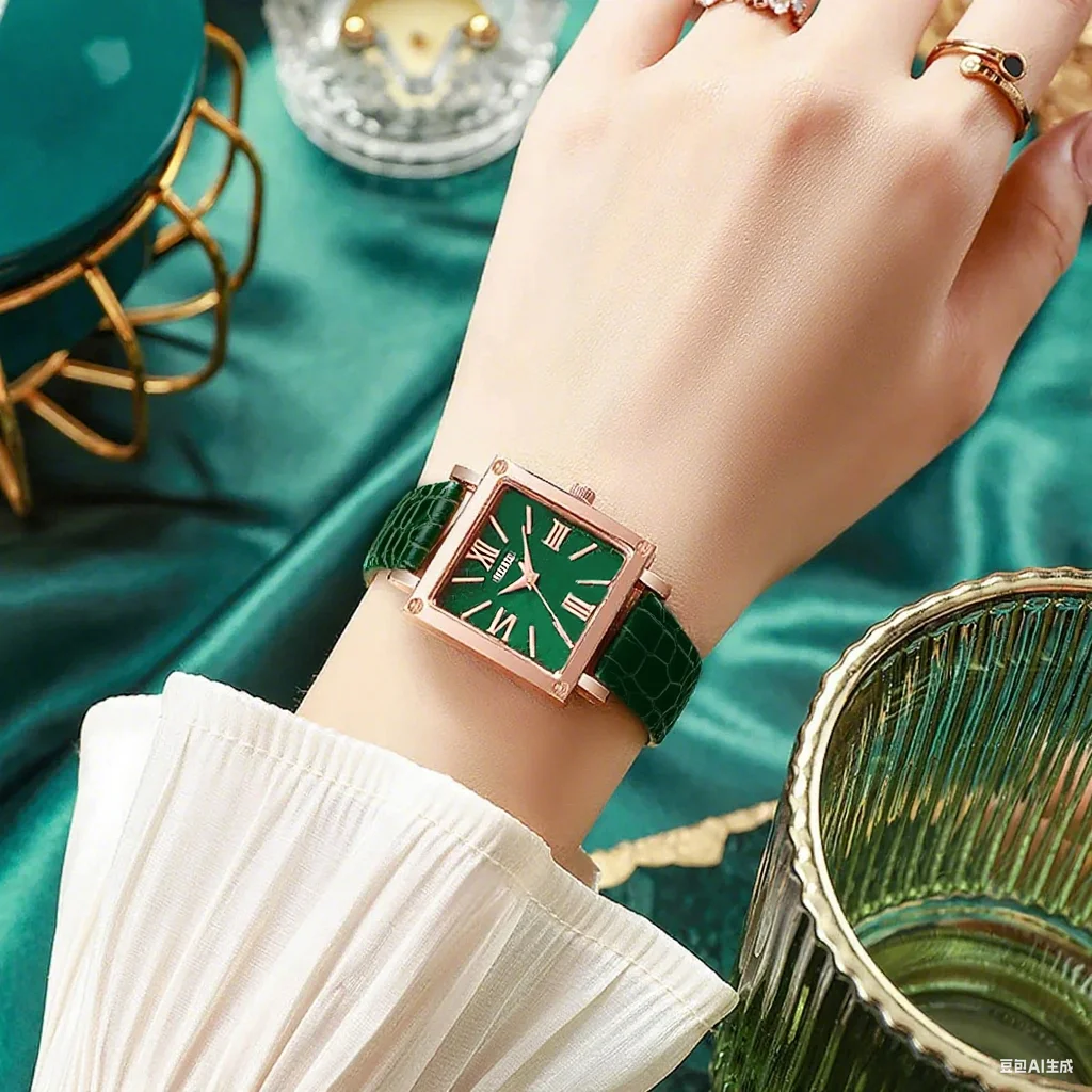 Conjunto de reloj verde para mujer, tendencia de moda, reloj de cuarzo con esfera rectangular simple, regalo perfecto