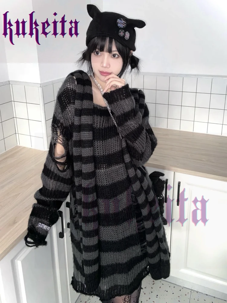 Harajuku Y2k Gothic Stripe Long Scarves Japanese Punk Fashion Women Scarf Autumn Winter Streetwear Warm Knitted Scarf