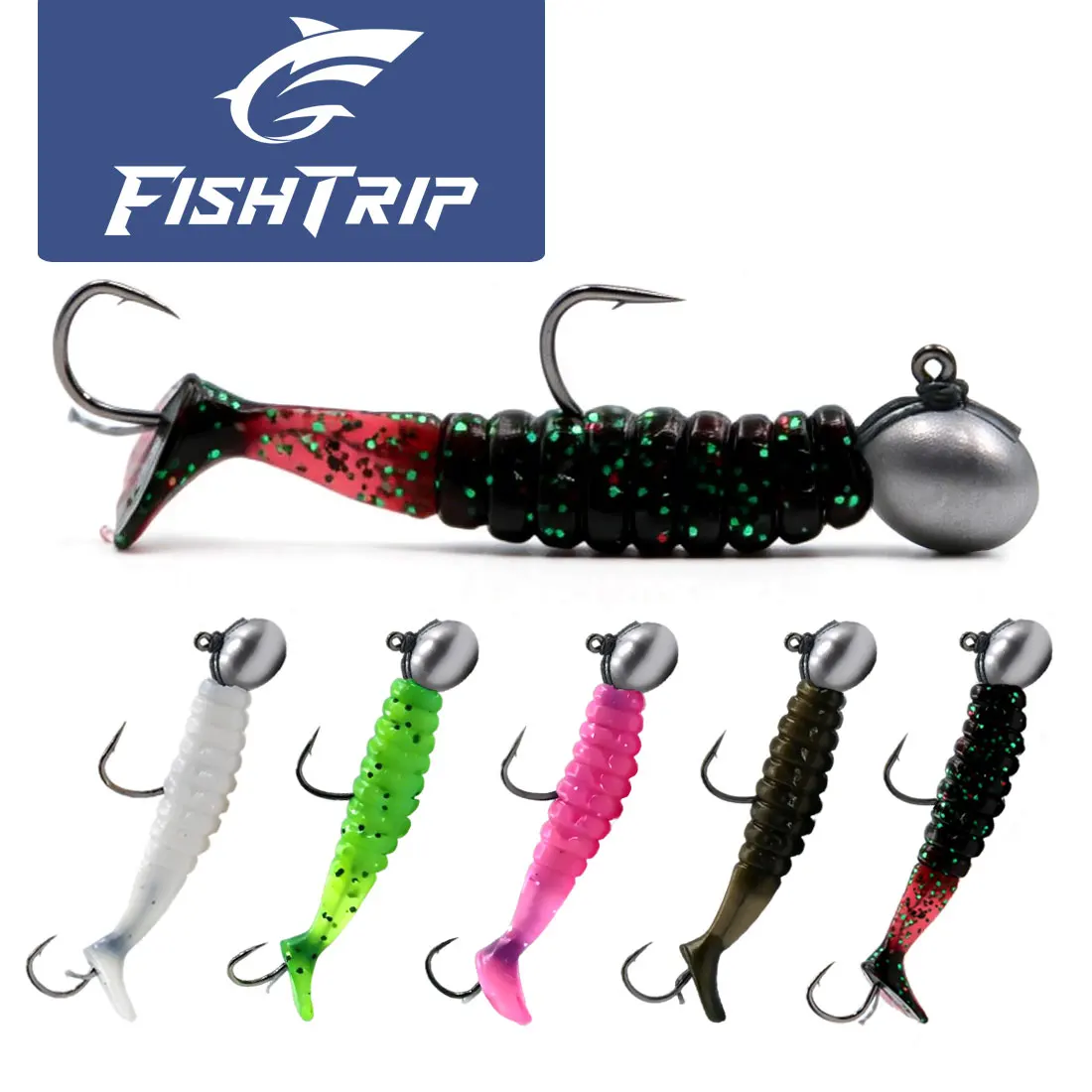 FishTrip 5PCS Set T-Tail Soft Bait with Double Barbed Hooks, Anti-Shedding Fishing Lure Kit for Freshwater & Saltwater