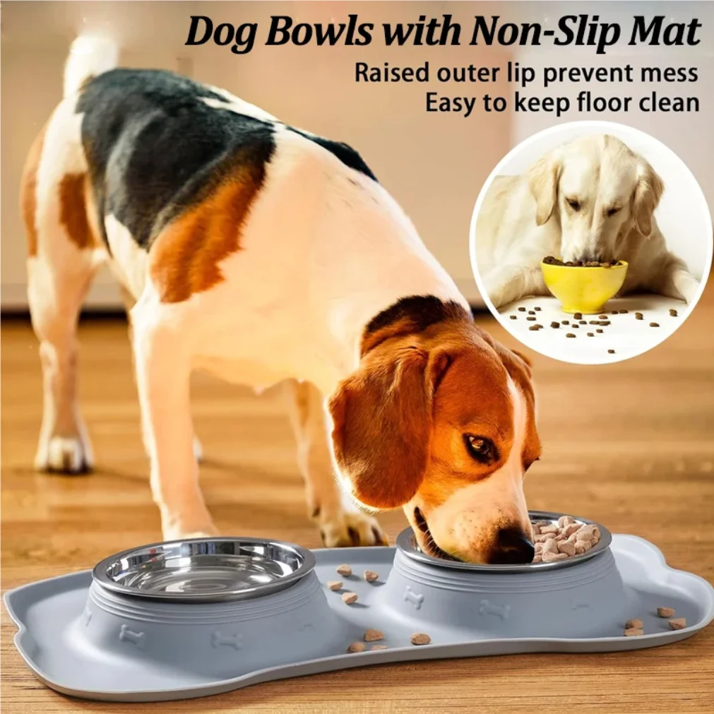Stainless Steel Pet Dog Feeder Silicone Anti-spill Cats Dog Double Bowl Pet Feeding Drinking Water Bowls Dog Food Dispenser
