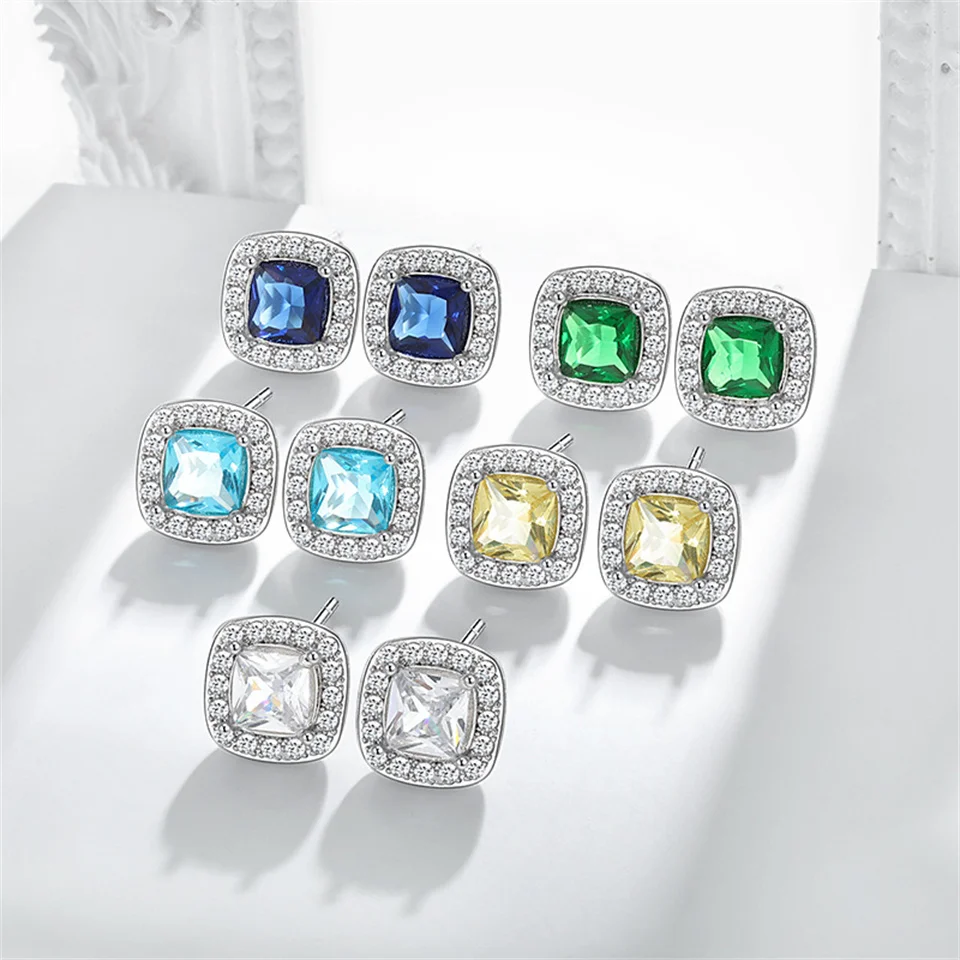 

New Four-claw Square Emerald Earrings Square Gemstone Stainless Steel Earrings Jewelry Gifts Diamond-set Square Gemstone Earring
