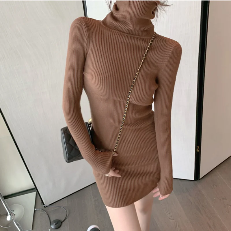 Vestido ajustado cálido con cuello alto para mujer, Jersey de punto liso de manga larga para oficina, minivestido Sexy para mujer 2023