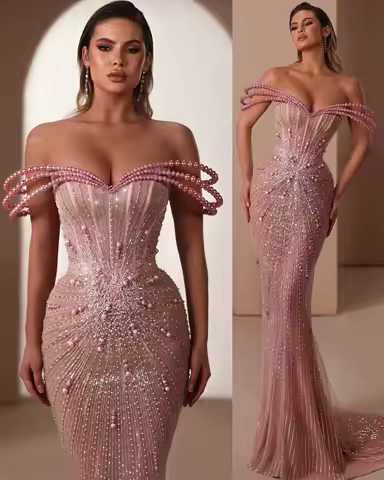 Elegant Arabic Mermaid Prom Dress Customized Off Shoulder Formal Wedding Party Dress Aso Ebi Long Rhinestones Evening Gala Gowns