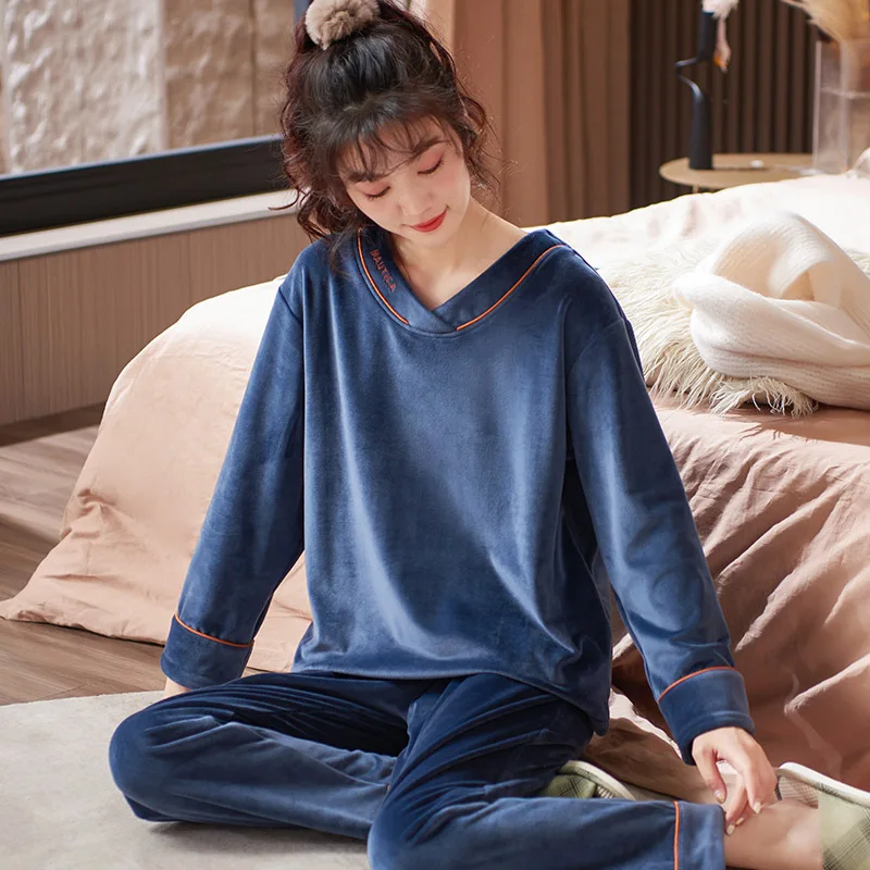 

V-Neck Island Velvet Pajamas Winter Women Letter Pajama Set Thick Warm Flannel Female Sleepwear Home Clothes Womens Pajamas Suit