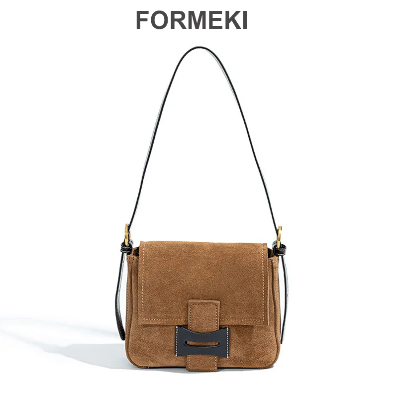 

Formeki Real Leather Flock Bag Ins Fashion Retro Shoulder Bag All Match High Quality Ladies Female Bag