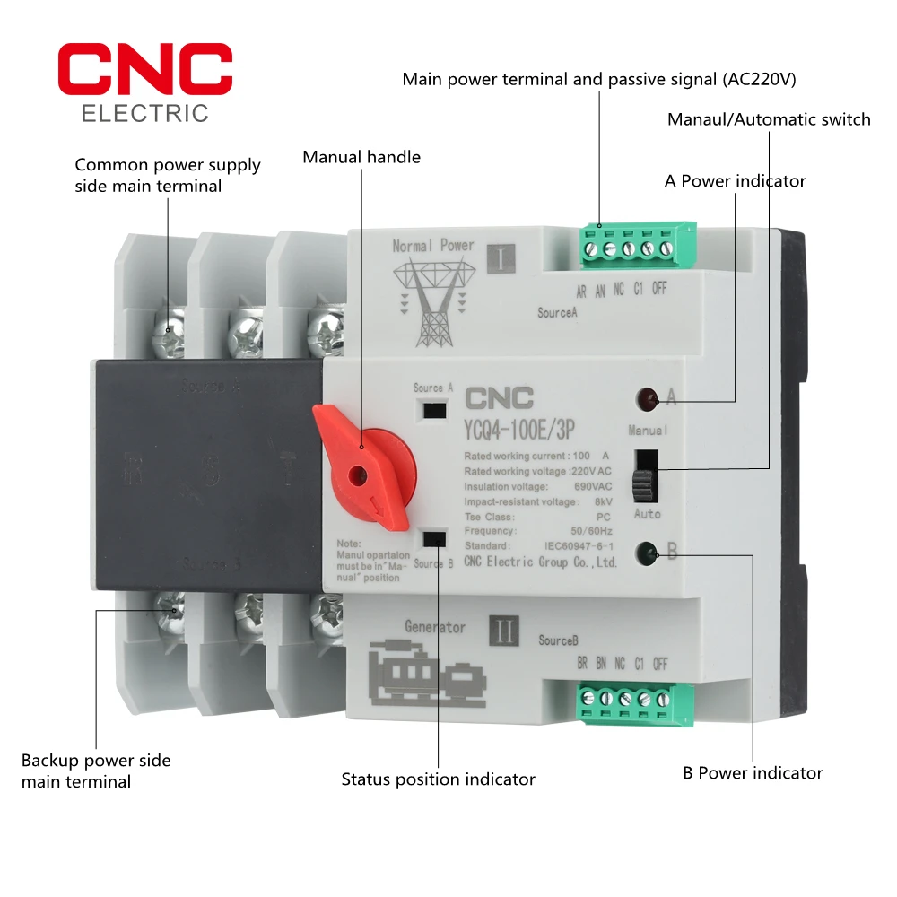 CNC 3P 63A/100A Din Rail 3 Phase ATS Dual Power Automatic Transfer Switch Electrical Selector Switches Uninterrupted Power