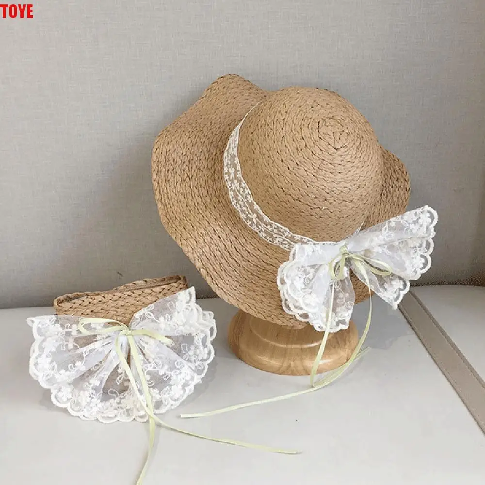 

Comfortable Sweet Bowknot Straw Sun Hat Ribbon Korean Style Girls Bucket Hat Lace Brim Breathable Woven Handbag Beach
