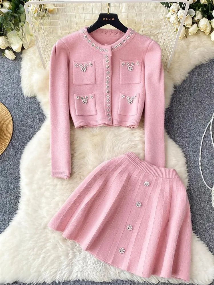 

Japan Style Pearls Knit Suits Hidden Breasted Pockets Cardigan+Mini Pleated A Line Skirt Women’s Sweet Street Setsкостюм