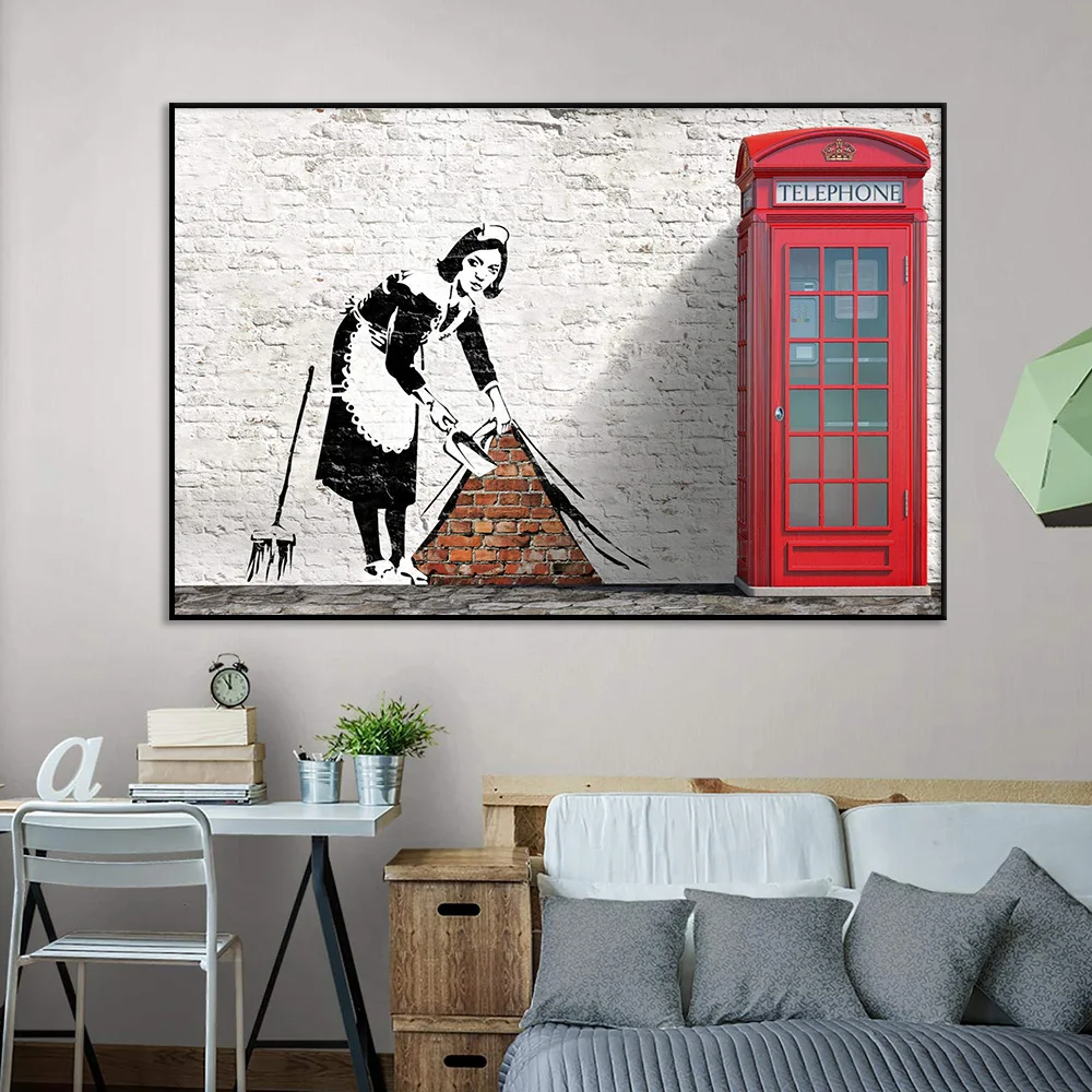 

Banksy Maid Painting Street Graffiti Art Poster Canvas Prints Black White Woman Red Telephone Booth Pictures for Room Home Decor