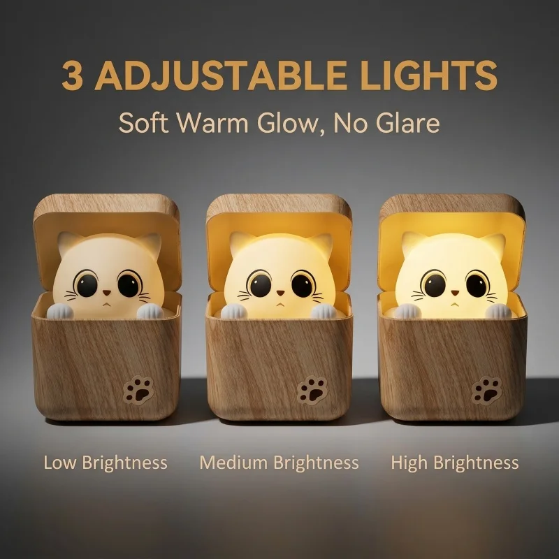 Kawaii Shy Cat Night Light - USB Rechargeable Sleep Lamp