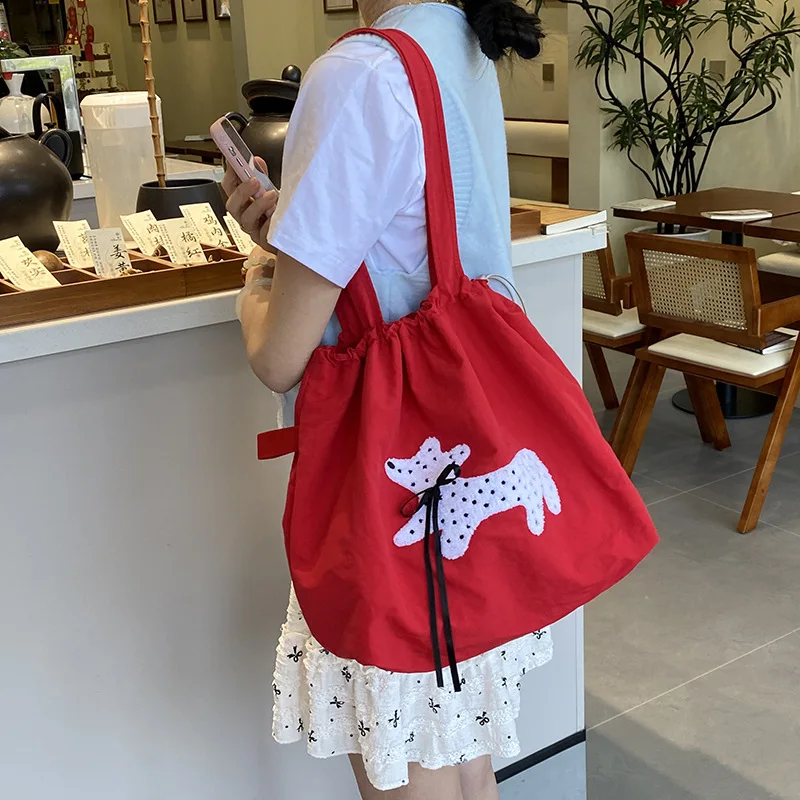 Cute Ribbon Puppy Women Nylon Shoulder Bags Versatile Casual Ladies Drawstring Denim Tote High Capacity Female Underarm Handbags