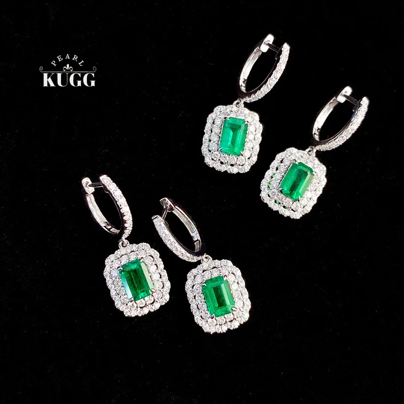 KUGG 100% 18K White Gold Earrings Elegant Shiny Style Natural Emerald Gemstone Earrings for Women Luxury Diamond Jewelry