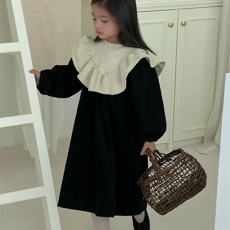 

2023 Winter Girls' Contrast Large Ruffle Collar Corduroy Dress Girls' Retro Underlay Skirt