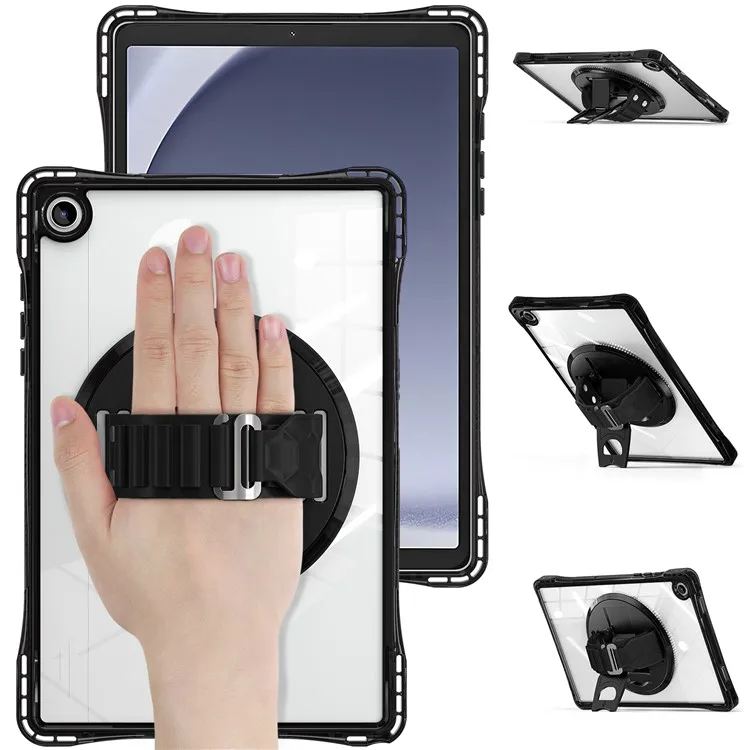 

For Samsung Galaxy Tab A9+ SM-X210 / X216 / X218 Case Hand Strap Kickstand PC+TPU+Acrylic Clear Tablet Cover - Black