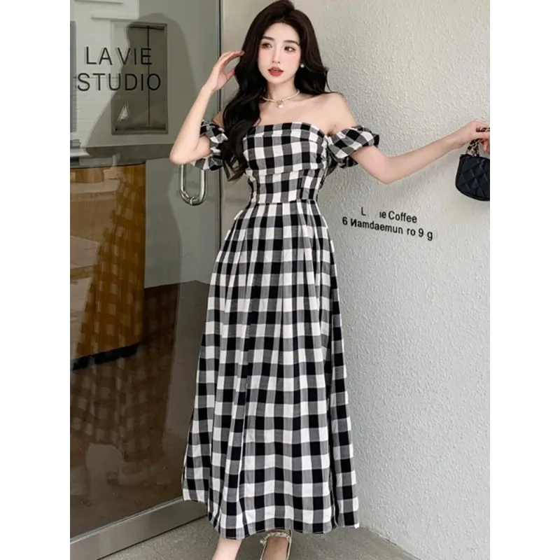 

Black and White Plaid Chic Puff Sleeve Slash Neck Sexy Dress Women Summer Elegant Casual Home Dress 2024 Korean Bodycon Vestidos