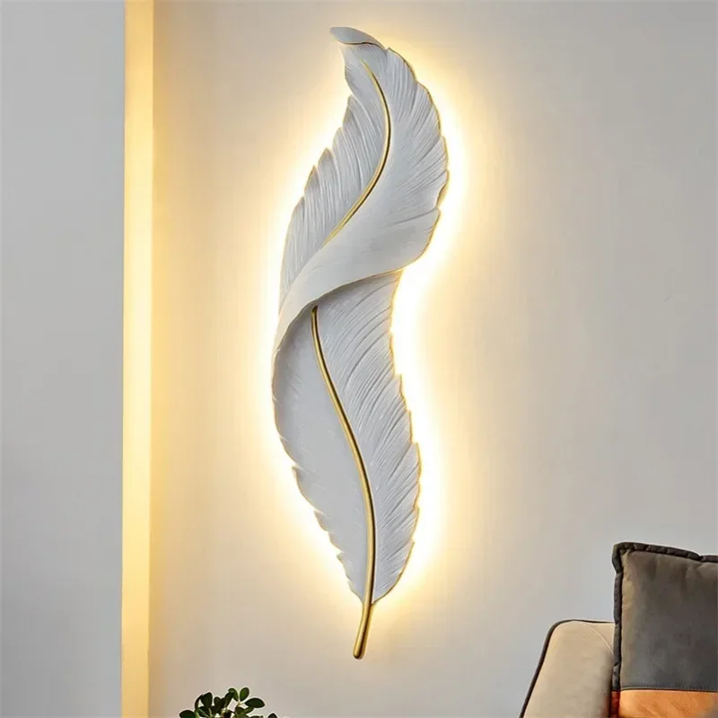 White Feather LED Wall Lamps  Modern Resin Sconce TV Background Wall Light for Home Bedroom Living Room Remote Wall Mount Lights