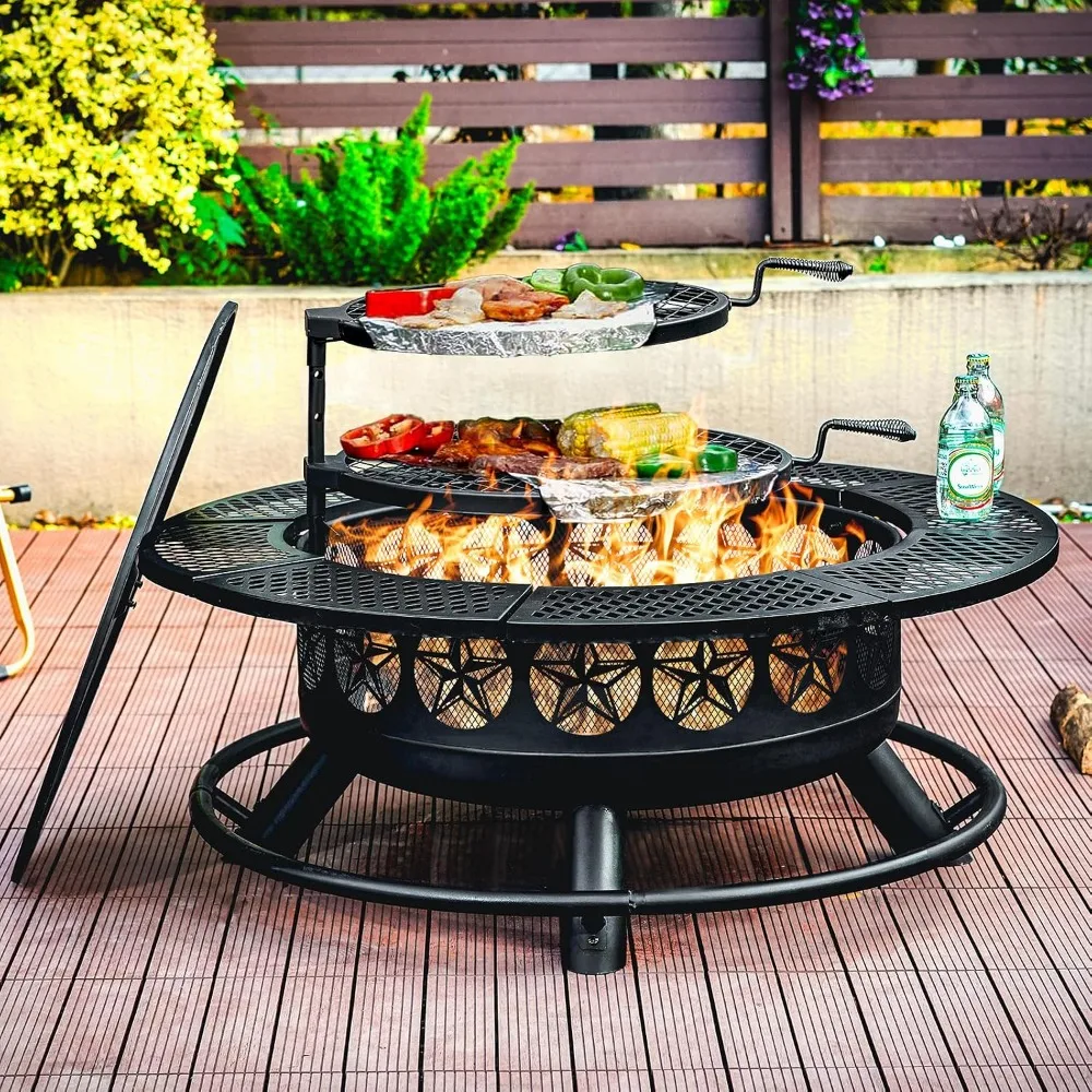 42 Inch Round BBQ Fire Pit with 2 Grills, 3-in-1 Outdoor Firepit for Patio and Backyard