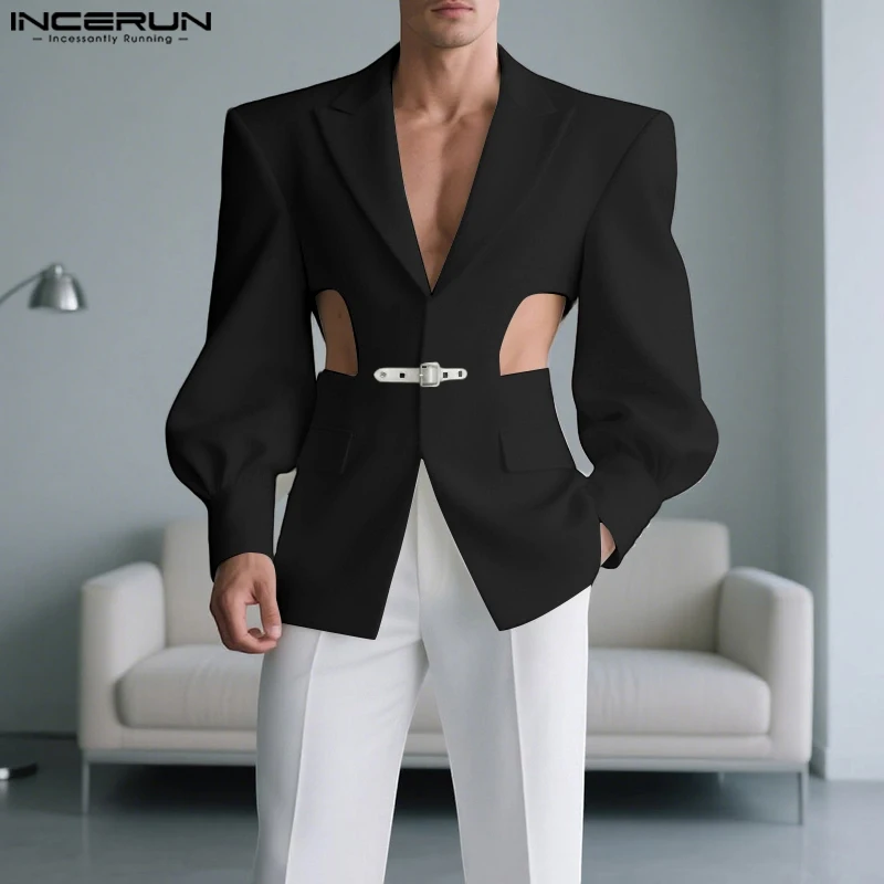 INCERUN ผู้ชายเบลเซอร์สีทึบกลวงออกแขนยาวลำลองชายสูทสตรีทแวร์ฤดูใบไม้ร่วง 2025 แฟชั่นบางเสื้อผู้ชาย S-5XL