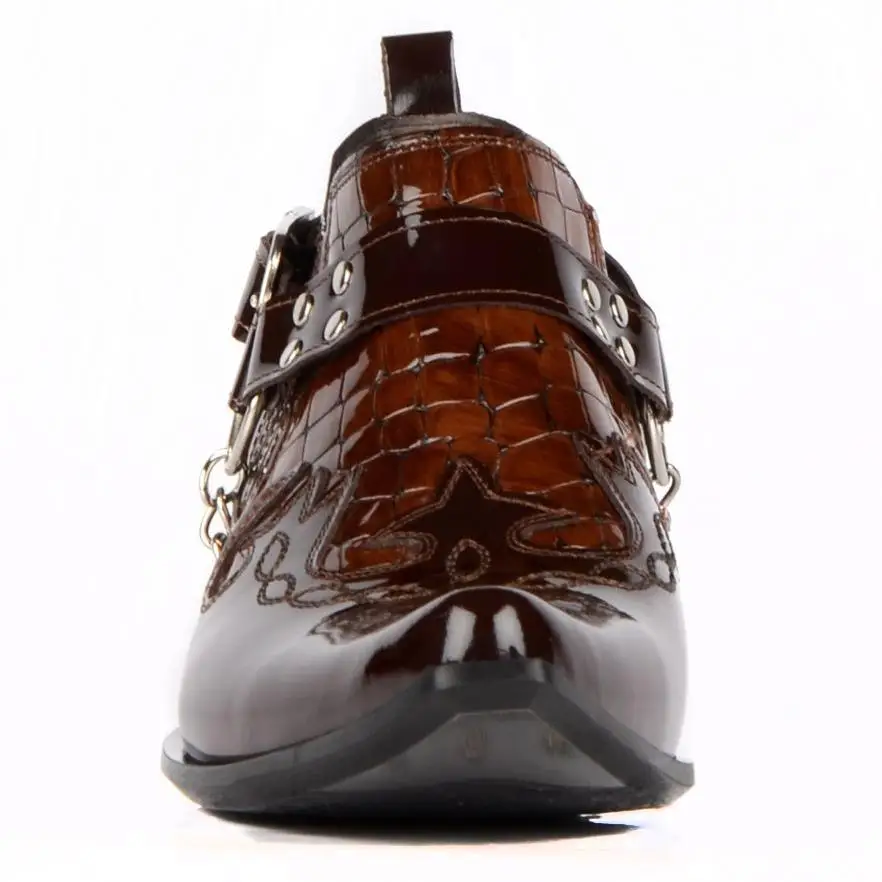 FootCourt Men Cowboy Boots Brown Patent Genuine Leather New Collection Pointed Toe Riding Short Boot Handmade military Model