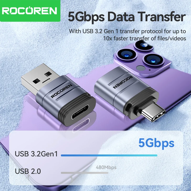 Rocoren USB Type C OTG Adapter Type-C Male to USB 3.0 3.2 Female Mini Converter For Macbook pro Air Samsung Xiaomi 15 14 Laptop