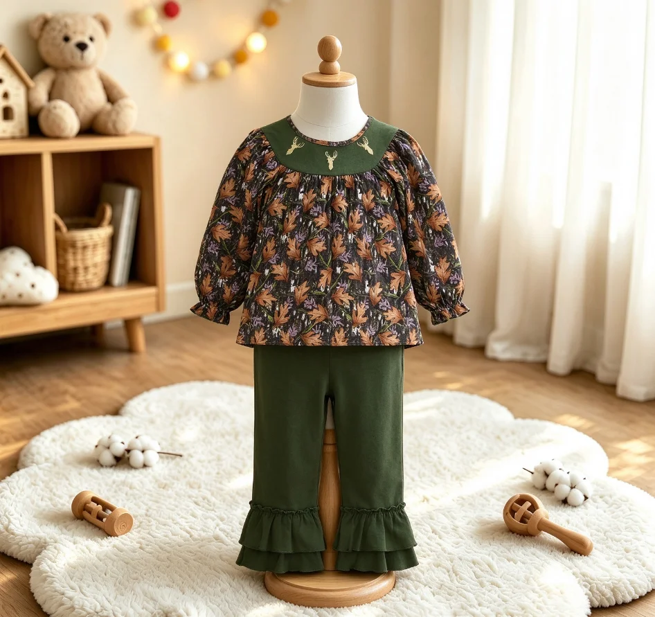 Wholesale Baby Kids Children Embroidery Deer Tunic Cotton Ruffle Pants Girl Sets Toddler Infant Girls Leaves Outfit Clothes