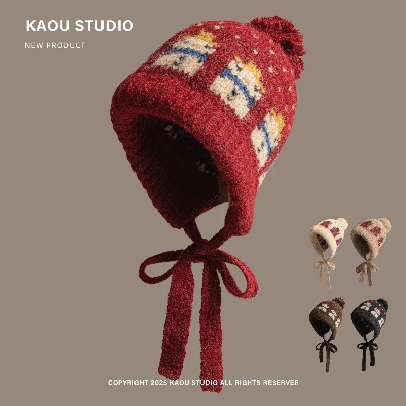 

New Cute Cartoon Jacquard Knitted Bomber Hats for Women Winter Travel Casual Versatile Thermal Ear Protector Strap Pullover Hat