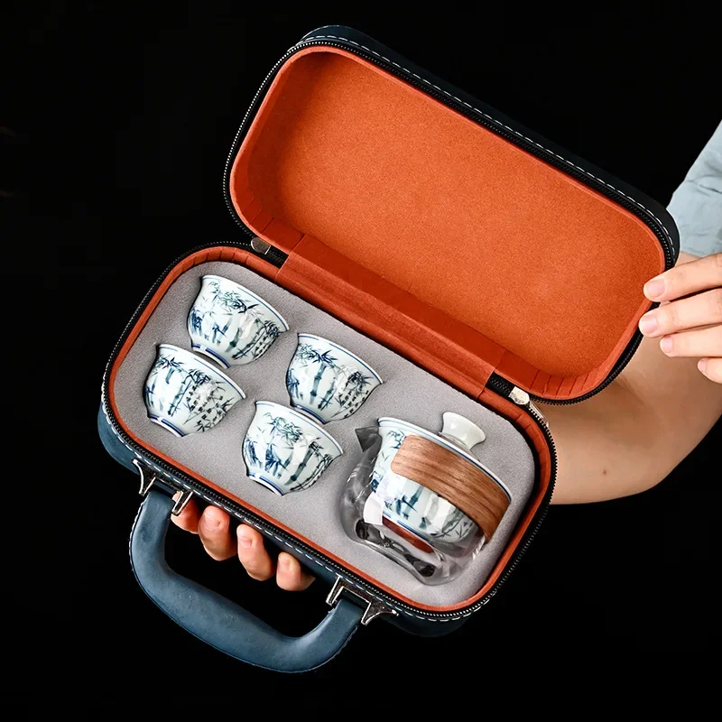 Blue and White Glass Quick Cup One Pot Four Cups Portable Teapot Outdoor Camping Travel Tea Set Colorful Tea Ceremony Full Tools