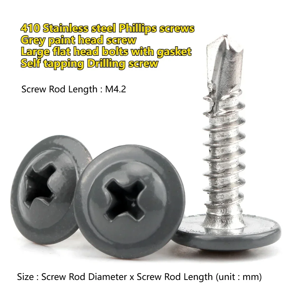 

MSTHREE M4.2 410 Stainless steel Phillips screws Grey paint head screw Large flat head bolts with gasket Self tapping Drilling n