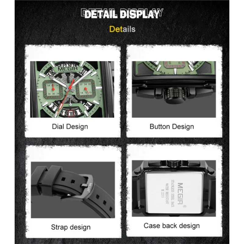Мужские спортивные кварцевые часы MEGIR 2233 с квадратным циферблатом, модные водонепроницаемые, с силиконовым ремешком, светящиеся наручные часы с хронографом и датой, для улицы