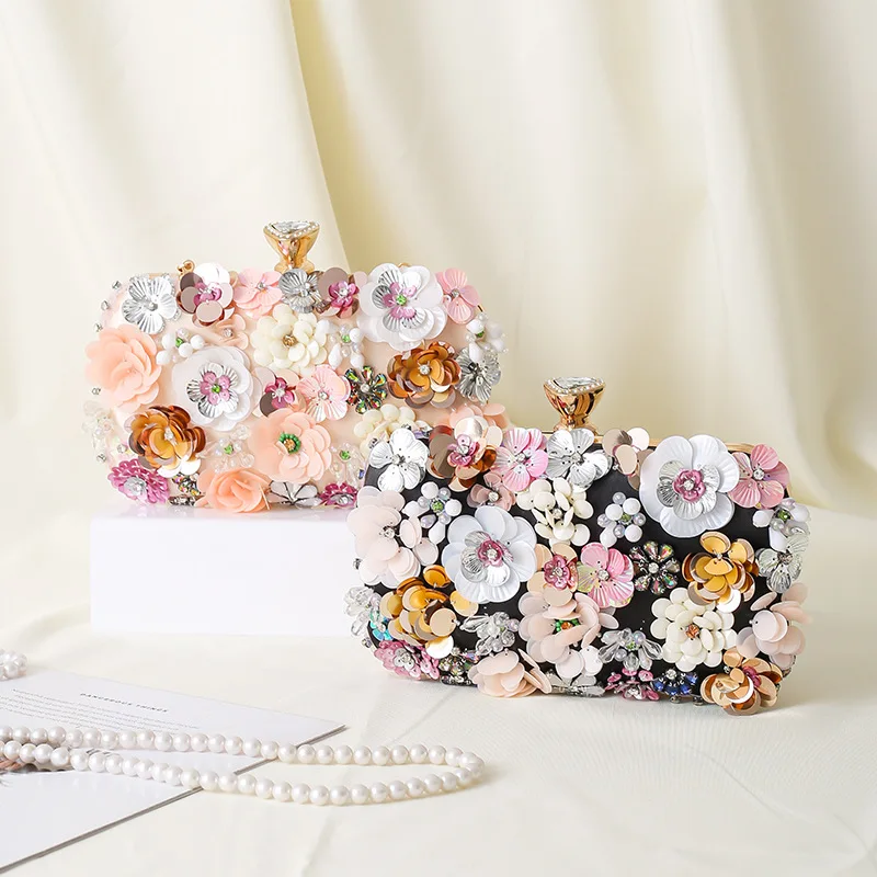 Floral Evening Dinner Handbag Beaded Flower Clutch Bag Metal Chain Crossbody Bag Banquet Handbag Wedding Prom Purse Dropship view 4
