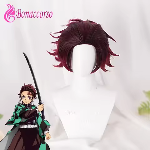 Kamado Tanjirou Cosplay Wig Dark Red Synthetic Short Curly Wig Demon Slayer Anime Coser High Quality Wig Daily Party