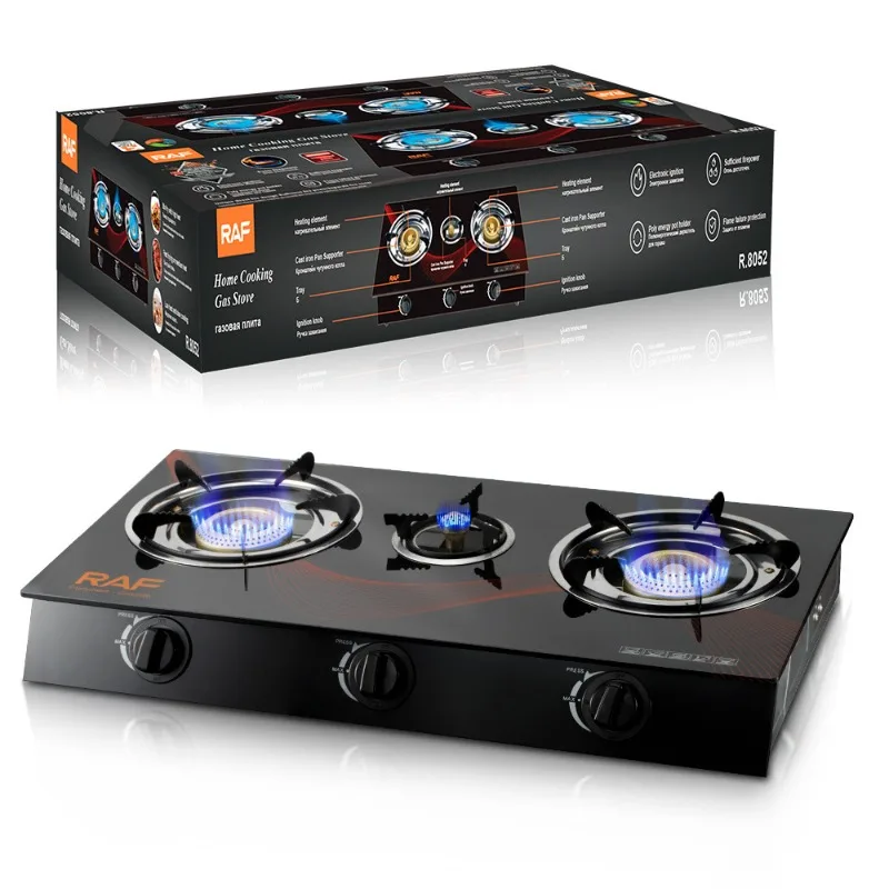 Sale Cooking Gas Stove with Electronic Ignition and Flame Fault Protection 3 Burners Desktop Fierce Fire Gas Stove for Kitchen