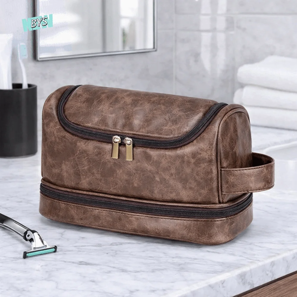 

Large Capacity Men Toiletry Bag Waterproof PU Leather Cosmetic Storage Bag Handheld with Hanging Hook Makeup Pouch Travel