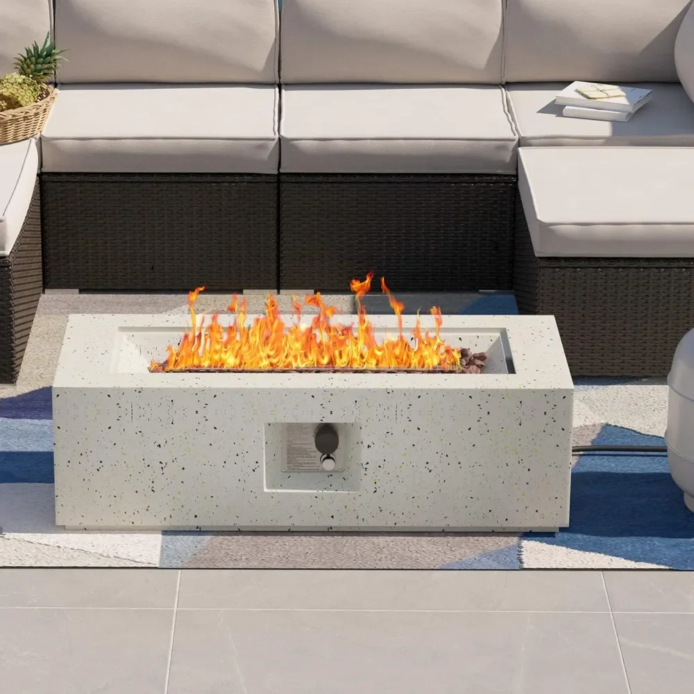 

Outdoor 42 Inch Propane Fire Pit Table, Rectangular Fire Table, 40,000 BTU Spotted White Patio Gas Fire Table w Lava Rocks