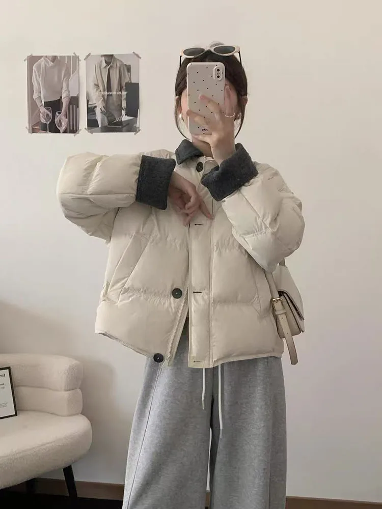 Winter Patchwork Down Coats Women Vintage Faux Wool Splicing Puffer Jacket Korean Loose Single Breasted Warm Parker Outwears