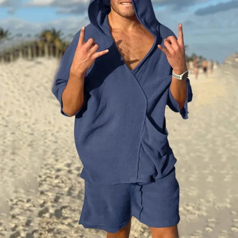 

2025 Summer New Fashion American Men's Casual Trendy 2 Piece Sets Hooded Solid Color V-neck Short Sleeve T-shirts Shorts Male