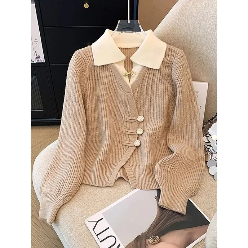 New Design Sense Fake Two Pieces Stitching Sweater Cardigan Women Early Autumn Winter Loose Fashion Long Sleeve Female Sweater