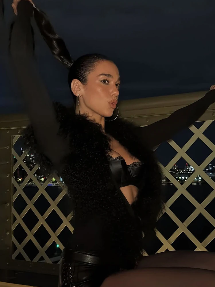 Estranho gato sexy peludo retalhos topo feminino profundo decote em v manga cheia selvagem hottie estiramento magro rua gótico punk meia-noite clubwear