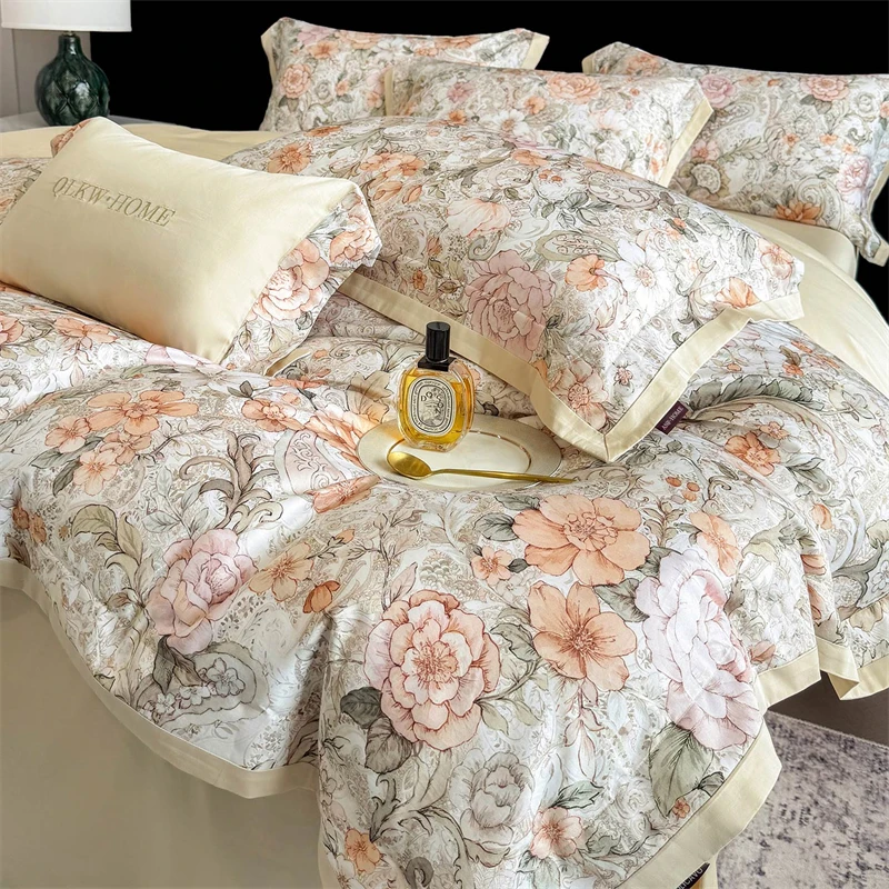 600TC Egyptian Cotton Luxury Bedding Set Vintage Floral Print Duvet Cover Set Bed Sheet/Fitted Sheet Pillowcases 4Pcs
