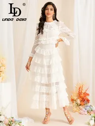 LD LINDA DELLA High Quality White Lace Long-sleeved Slim-fit Party Delicate New Ruffled Waist Elegant Long Dress