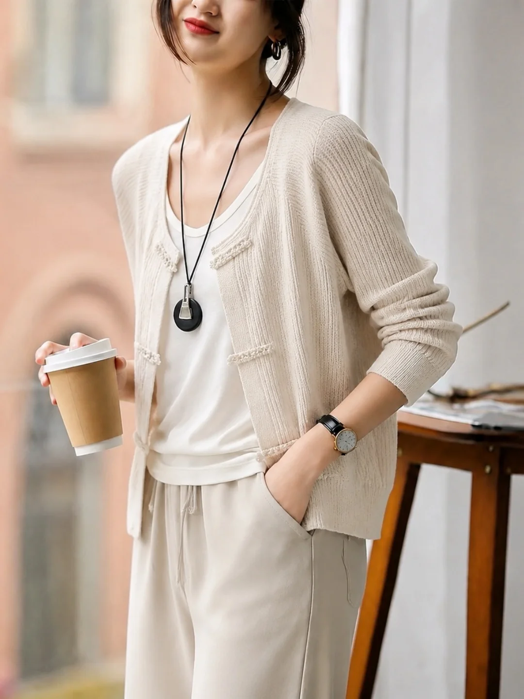 New Autumnal Chinese National Style Knitted Sweater with Button Design Long Sleeve Versatile Top for Women Soft Commute Style