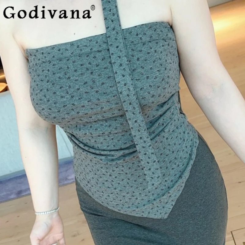 Large Size XL-4XL Age-reducing Sexy Fashion Ribbon Gray Strapless Top Summer New Irregular Hem Chic Temperament Slash Neck Tops