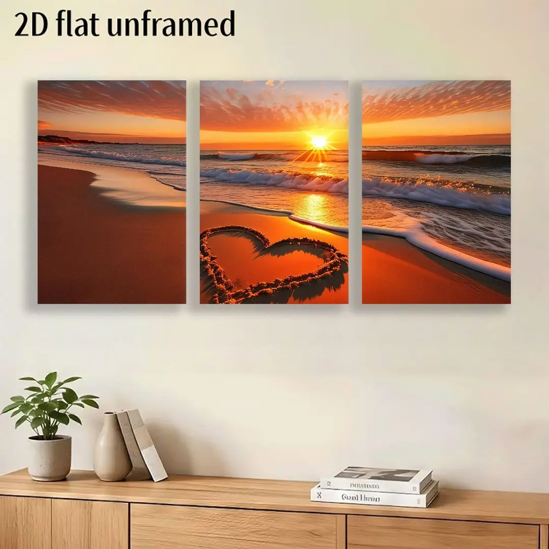 2D Flat, 3pcs Frameless Modern Beach Sunset Heart Wall Art - Warm-Toned Vertical Canvas Paintings Suitable for Living Room, B
